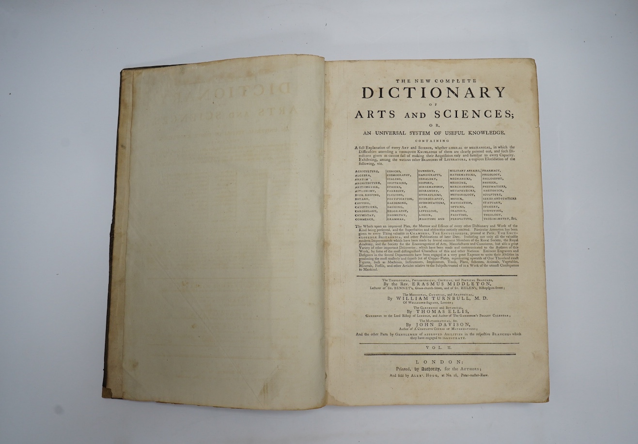 Middleton, Rev. Erasmus & Others - A New Complete Dictionary of Arts and Sciences ... 2 vols. frontis and 79 engraved plates; contemp. blind decorated reversed calf, folio. printed ... for the Authors; and sold by Alexr.